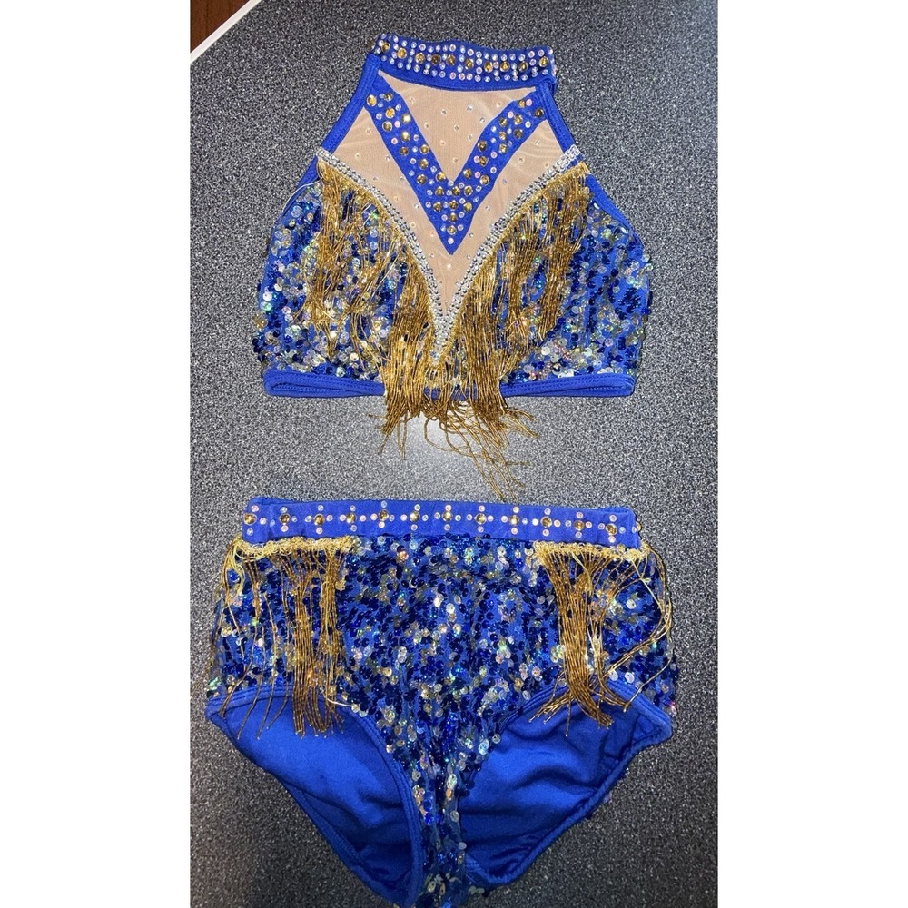 Glamour Dance Costume 2 Piece Blue/Gold Sequins Size Medium Adult